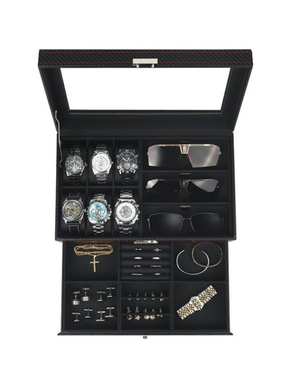 Mens Watch Jewelry Box Organizer with Glass Lid Sunglass Storage Gift Case